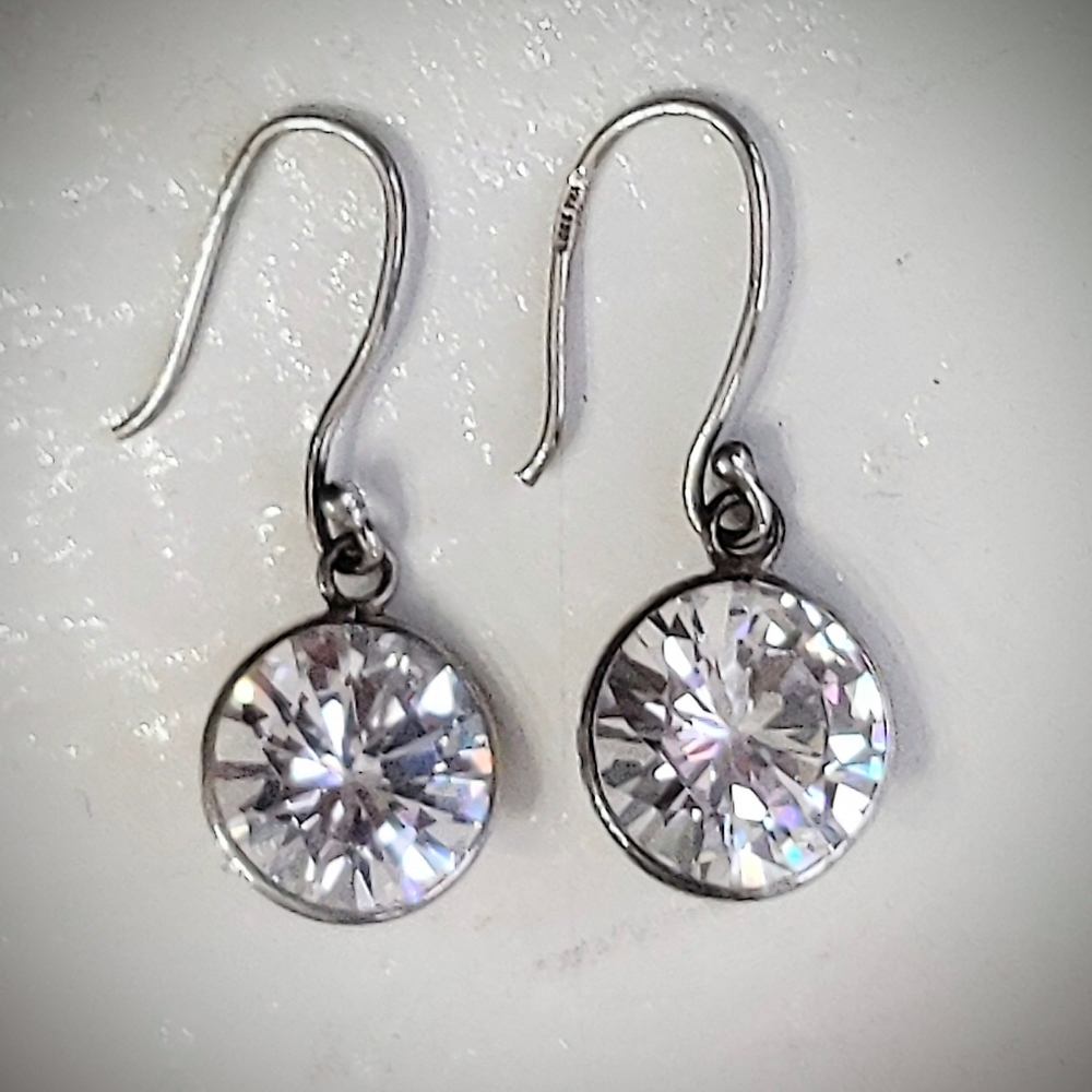 Sterling Silver Bezel Drop CZ Dangle Earrings - Picture 1 of 8